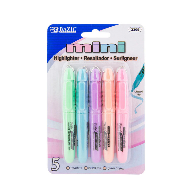 BAZIC PRODUCTS BAZIC Products® Mini Highlighter with Cap Clip, Pastel, Pack of 5