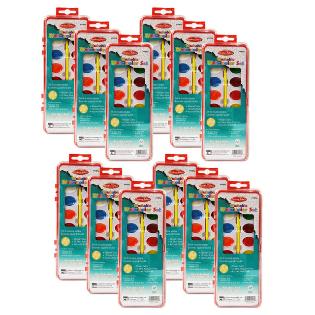 ADVANTUS Charles Leonard Washable Water Color Set, Oval Pan w/Brush, 16 Assorted Colors, 12 Sets