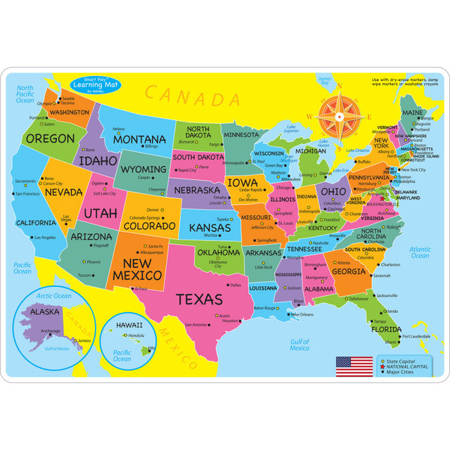 ASHLEY PRODUCTIONS Ashley Productions® Smart Poly™ Learning Mat, 12" x 17", Double-Sided, U.S. Basic Map