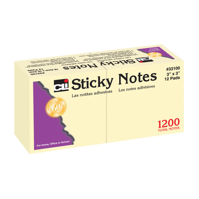 ADVANTUS Charles Leonard Sticky Notes, 3 x 3 Inch, 100 Sheets/Pad, Yellow, 12 Pads