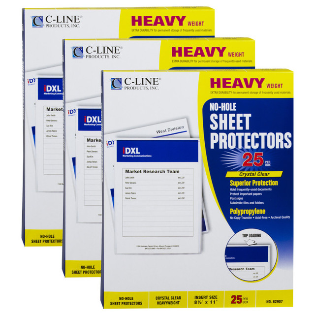 C-LINE PRODUCTS INC C-Line® No-Hole Heavyweight Poly Sheet Protectors, Clear, Top Loading, 11" x 8-1/2", 25 Per Box, 3 Boxes