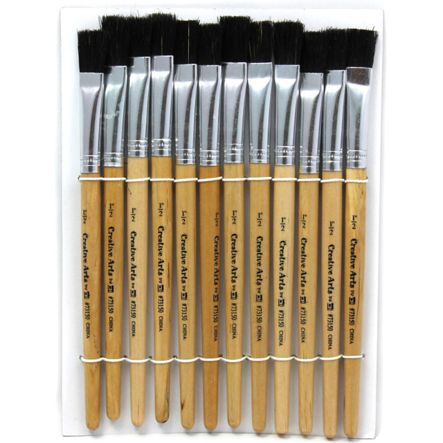 ADVANTUS Charles Leonard Flat Tip Easel Paint Brushes, Short Stubby Handle, 0.50 Inch, Natural Handles, Black Bristles, 12/Pack