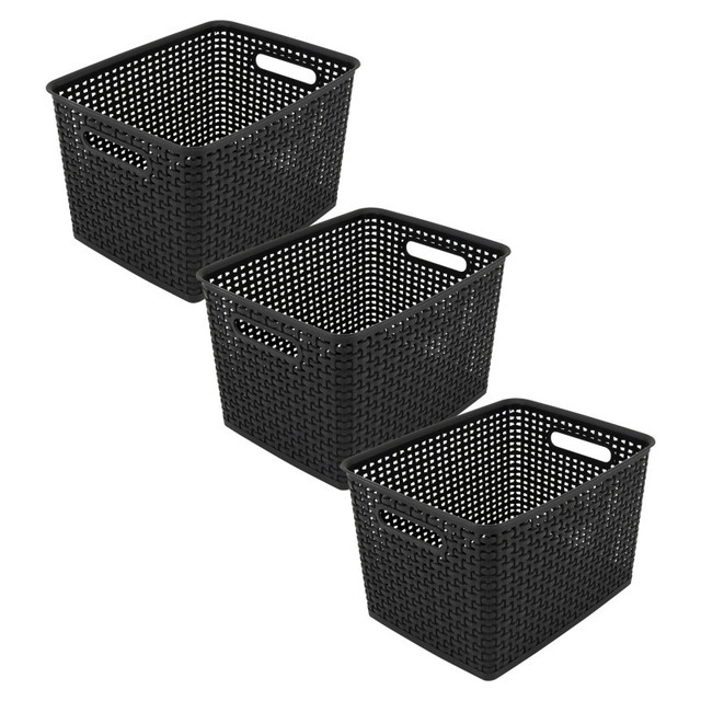 ADVANTUS Thinkspace Plastic Weave Bin, Large, Black, Pack of 3