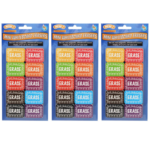 ASHLEY PRODUCTIONS Ashley Productions® Non-Magnetic Mini Whiteboard Erasers, Chalk Loop, 10 Per Pack, 3 Packs