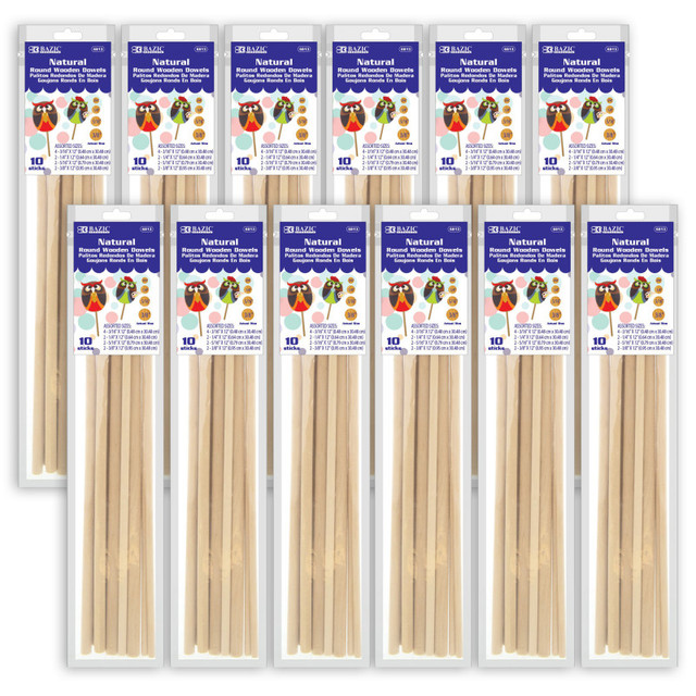 BAZIC PRODUCTS BAZIC Products® Assorted Round Natural Wooden Dowel, 10 Per Pack, 12 Packs