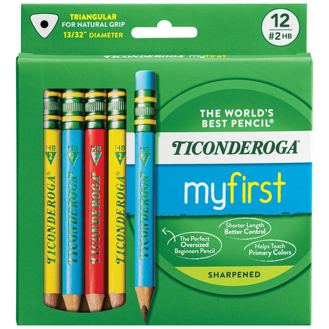 DIXON TICONDEROGA CO Ticonderoga® My First® Short Wooden Pencils, Large Triangle Barrel, Sharpened, #2 HB Soft, With Eraser, Primary Colors, 12 Count