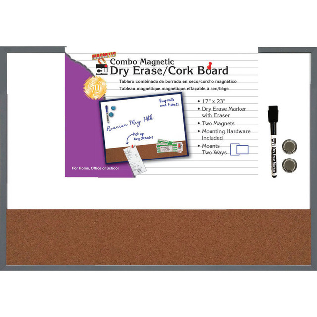 ADVANTUS Charles Leonard Magnetic Dry Erase Board with Cork Board, 17" x 23", w/Eraser/Marker and 2 Magnets, Gray Frame, 1 Each