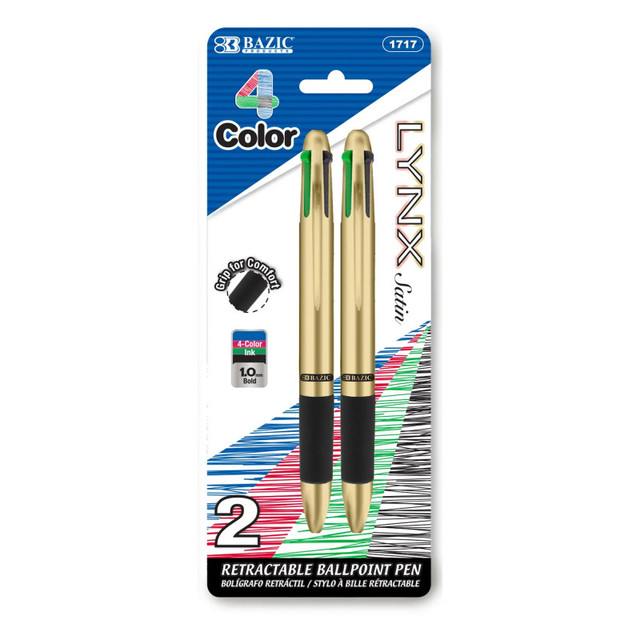 BAZIC PRODUCTS BAZIC Products® Lynx Satin Top 4-Color Pen with Cushion Grip, Pack of 2