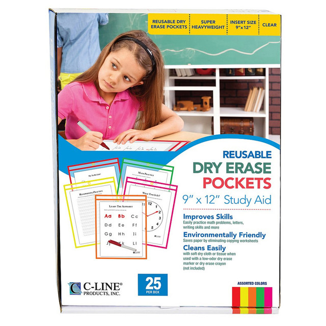 C-LINE PRODUCTS INC C-Line® Reusable Dry Erase Pockets, Neon Colors, 9 x 12, Pack of 25