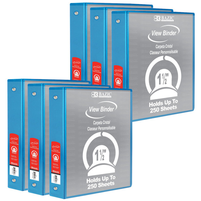 BAZIC PRODUCTS BAZIC Products® 3-Ring View Binder with 2 Pockets, 1.5", Cyan, Pack of 6