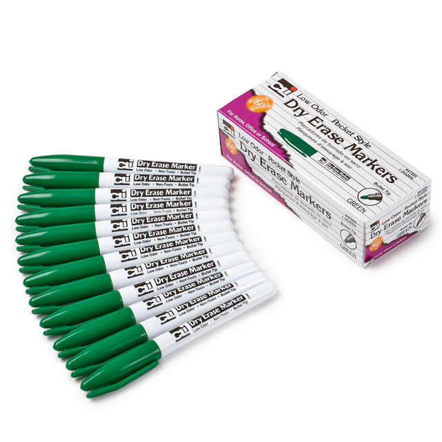ADVANTUS Charles Leonard Dry Erase Markers, Pocket Style, Green, Bullet Tip, Pack of 12
