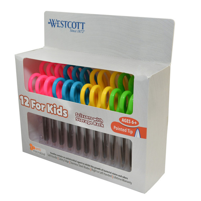 ACME UNITED CORPORATION Westcott® Kids Pointed 5" Scissors with Storage Rack, Anti-Microbial Protection, Assorted Colors, Set of 12