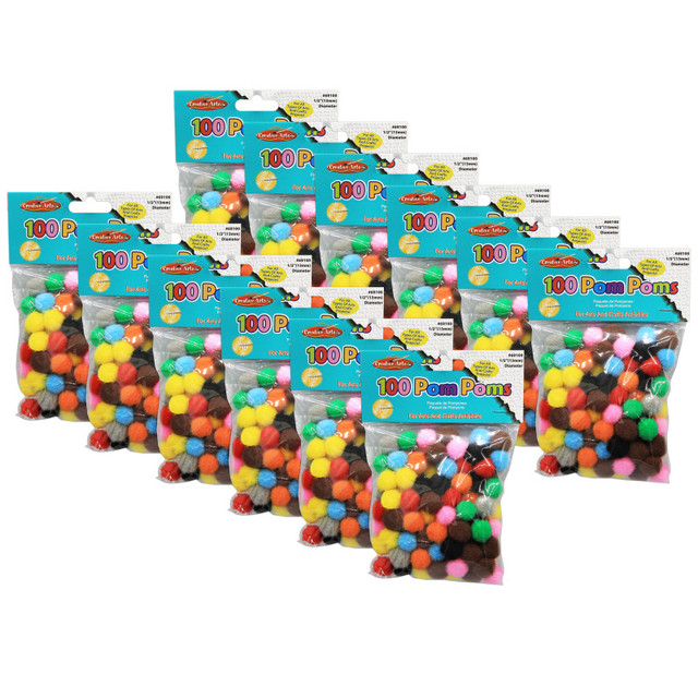 ADVANTUS Charles Leonard Pom-Poms 1/2", Assorted Colors, 100 Per Pack, 12 Packs