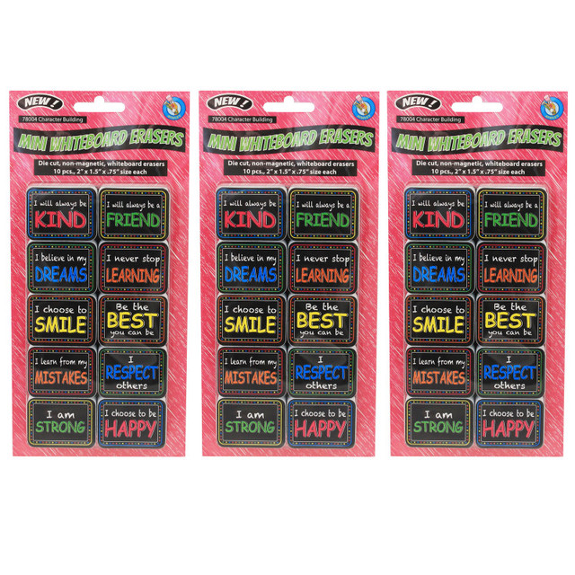 ASHLEY PRODUCTIONS Ashley Productions® Non-Magnetic Mini Whiteboard Erasers, Character Building, 10 Per Pack, 3 Packs