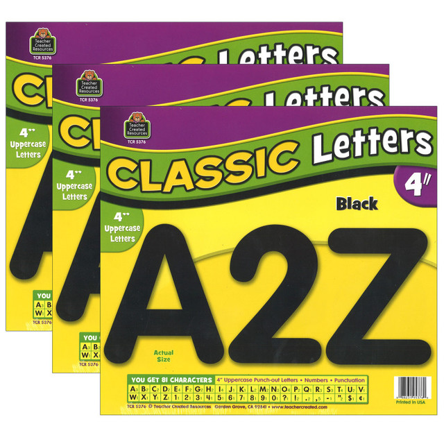 TEACHER CREATED RESOURCES Teacher Created Resources® Black Classic Font 4" Letters Uppercase Pack, 81 Pieces Per Pack, 3 Packs