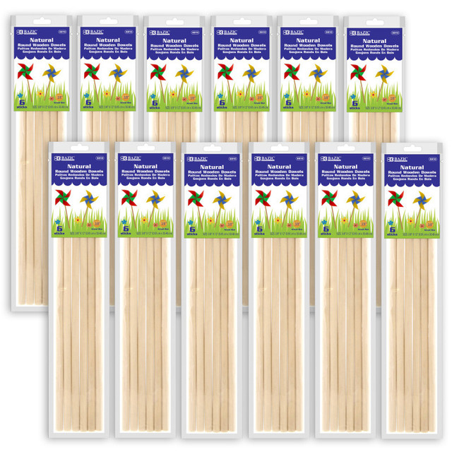 BAZIC PRODUCTS BAZIC Products® Round Natural Wooden Dowel, 3/8" x 12", 6 Per Pack, 12 Packs