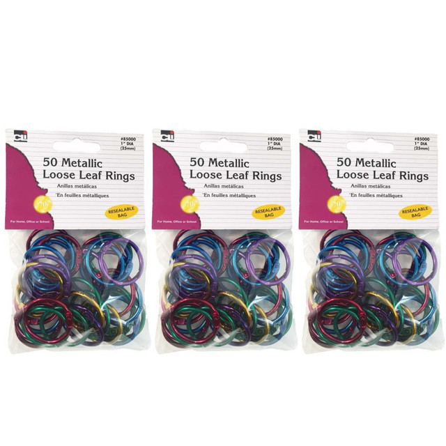 ADVANTUS Charles Leonard Metallic Book Rings, 1", Assorted Colors, 50 Per Pack, 3 Packs