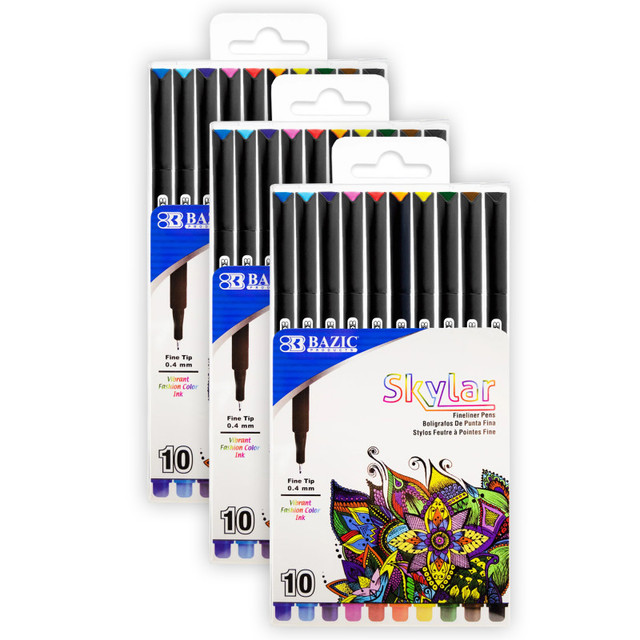 BAZIC PRODUCTS BAZIC Products® Skylar 0.4 mm Fineliner Pen, 10 Per Pack, 3 Packs