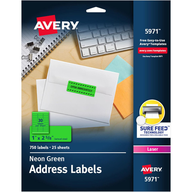 AVERY PRODUCTS CORP Avery® High-Visibility Labels, Permanent Adhesive, Neon Green, 1" x 2-5/8", 750 Labels