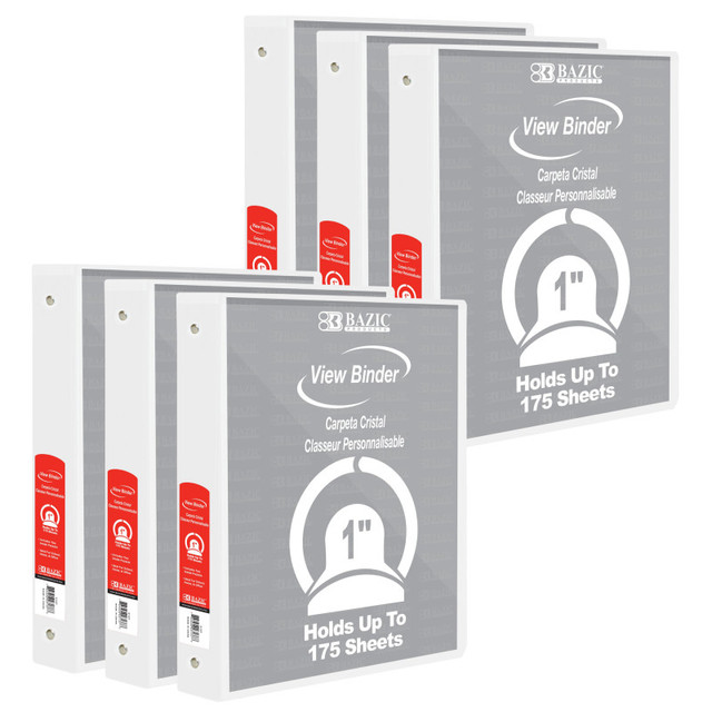 BAZIC PRODUCTS BAZIC Products® View Binder, 3-Ring, 1", 2 Pockets, White, Pack of 6