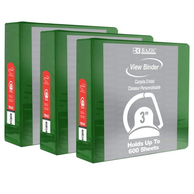 BAZIC PRODUCTS BAZIC Products® Slant D Ring View Binder with 2 Pockets, 3", Green, Pack of 3