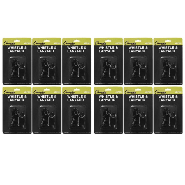 CHAMPION SPORTS Champion Sports Plastic Whistle & Black Lanyard Pack, 12 Packs