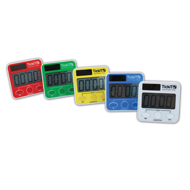 LEARNING ADVANTAGE TickiT® Dual Power Timers - Set of 5 - Red, Yellow, Green, Blue, White - Solar and Battery Powered Digital Timers