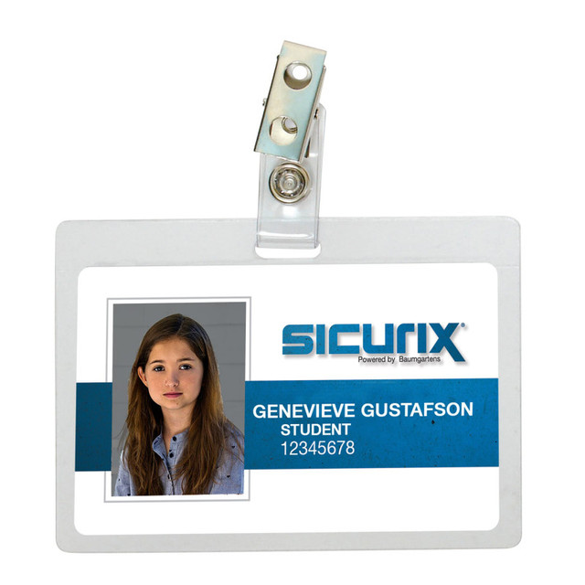 BAUMGARTENS INC SICURIX Self Laminating Badge Holders with Clip, Horizontal, Clear, Pack of 25