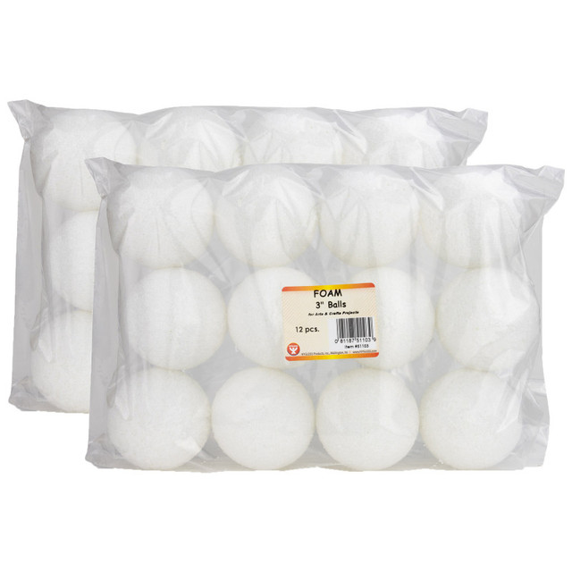 HYGLOSS PRODUCTS INC. Hygloss® Craft Foam Balls, 3 Inch, White, 12 Per Pack, 2 Packs