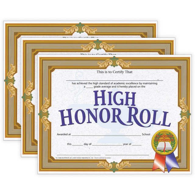 FLIPSIDE Hayes Publishing High Honor Roll Certificate, 8.5" x 11", 30 Per Pack, 3 Packs