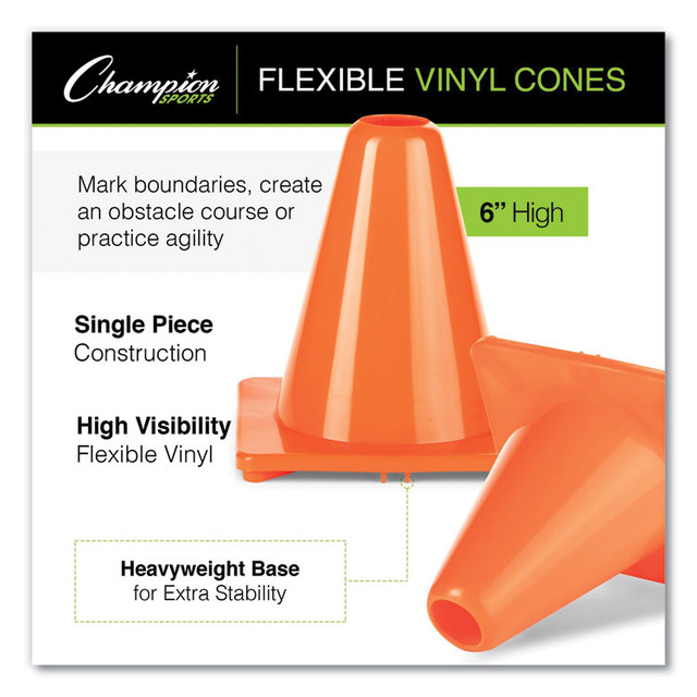 CHAMPION SPORT Sports C6OR Hi-Visibility Vinyl Cones, 6" Tall, Fluorescent Orange, 9.5" x 9.5" Base