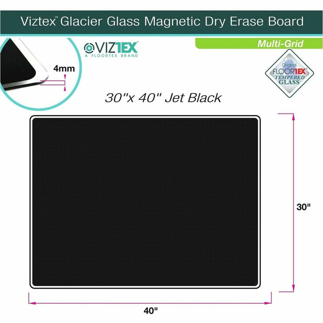 Floortex FCVGM3040BG Floortex Viztex&reg; Glacier Black Multi-Purpose Grid Glass Dry-Erase Board 30" x 40"