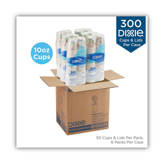 GEORGIA PACIFIC Dixie® 5310CMB600CT PerfecTouch Paper Hot Cups and Lids Combo, 10 oz, Coffee Haze Design, 50/Pack, 6 Packs/Carton