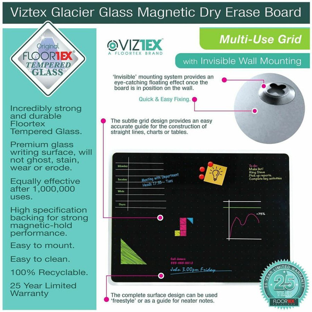 Floortex FCVGM1414WG Floortex Viztex&reg; Glacier White Multi-Purpose Grid Glass Dry-Erase Board -14" x 14"