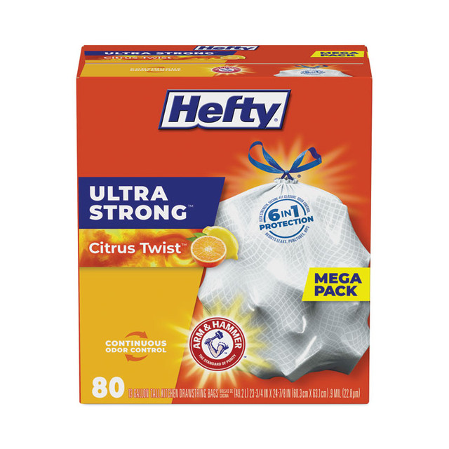 REYNOLDS FOOD PACKAGING Hefty® E88354 Extra Heavy-Duty Ultra Strong Scented Tall Kitchen Bags, Drawstring, 13 gal, Citrus Twist, 23.75" x 24.88", White, 80/Box