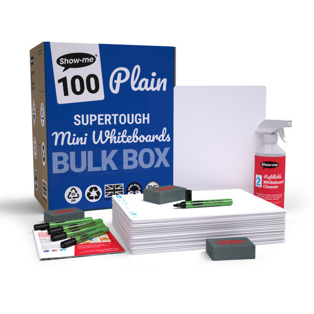 EASTPOINT USA LLC Show-me® Bulk Box of 100 x A4 Plain/Plain SUPERTOUGH Whiteboards, with Pens, Erasers, Cleaner EASTPOINT USA LLC Show-me® Bulk Box of 100 x A4 Plain/Plain SUPERTOUGH Whiteboards, with Pens, Erasers, Cleaner