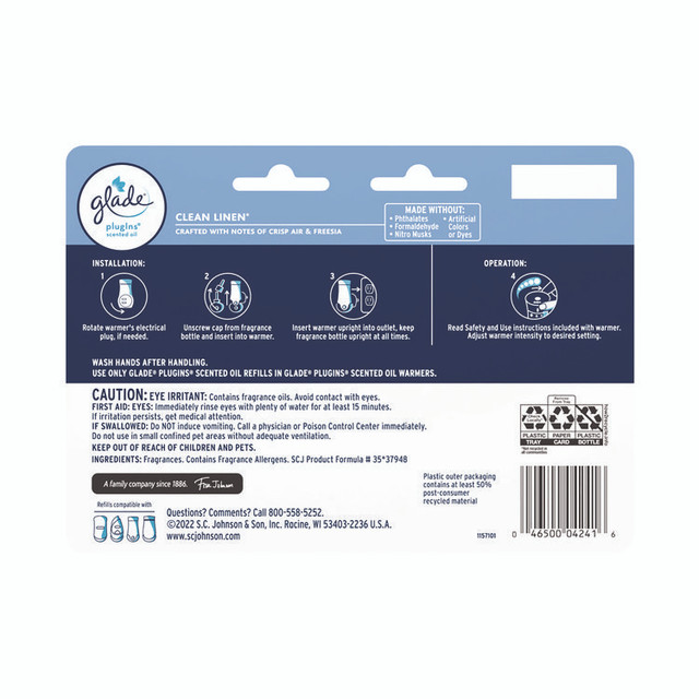 SC JOHNSON Glade® 350781 Plugins Scented Oil Refill, Clean Linen, 0.67, 7/Pack