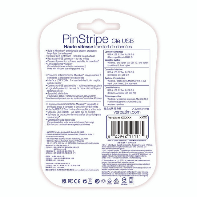 VERBATIM CORPORATION 49318 PinStripe USB 3.2 Flash Drive, 64 GB, Black