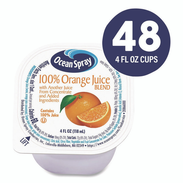 OCEAN SPRAY 22002526 No-Thaw 100% Juice Cups, Orange, 4 oz Cups, 48/Carton
