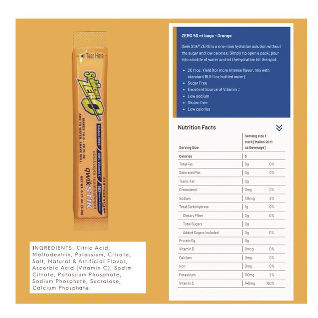 SQWINCHER CORP 060100OR Sugar-Free Qwik Stik Energy Drink Mix, Orange, 1.26 oz Packet, 50/Pack