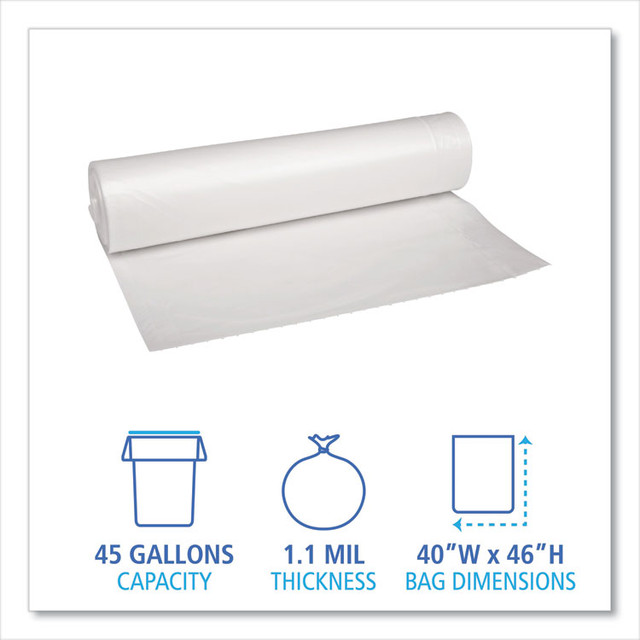 BOARDWALK 531 Recycled Low-Density Polyethylene Can Liners, 45 gal, 1.1 mil, 40" x 46", Clear, Perforated, 10 Bags/Roll, 10 Rolls/Carton