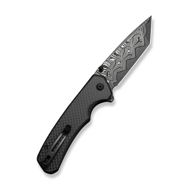 CIVIVI Knives C19059C-DS1 Button Lock Brazen Flipper & Thumb Stud Knife Twill Carbon Fiber Overlay On Black G10 Handle (3.46"" Damascus Blade)