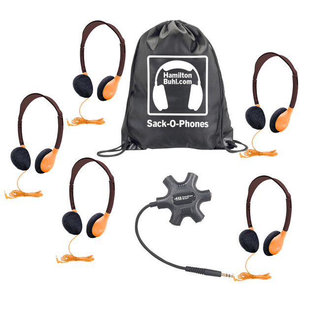 HAMILTON ELECTRONICS VCOM HamiltonBuhl® Galaxy™ Econo-Line of Sack-O-Phones with 5 Orange Personal-Sized Headphones, Starfish Jackbox and Carry Bag