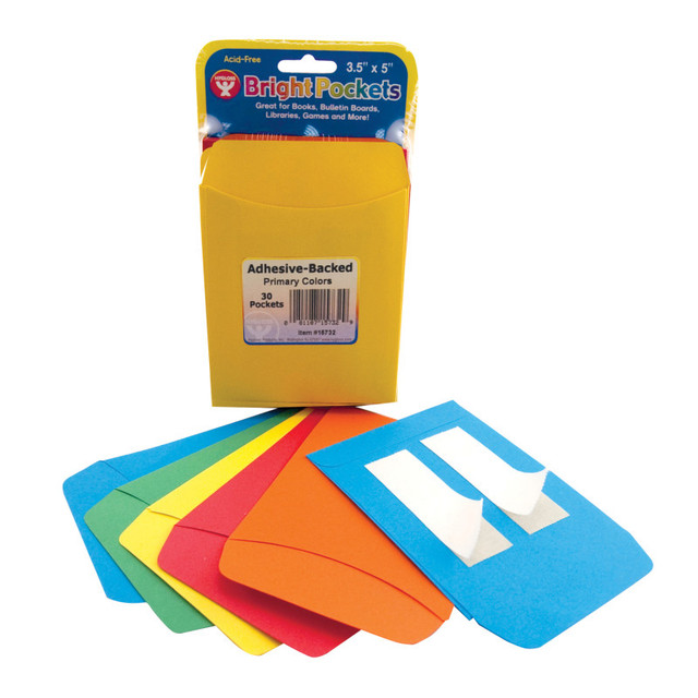 HYGLOSS PRODUCTS INC. Hygloss® Self Adhesive Library Pockets, 3.5" x 4.875", 6 Each of 5 Colors, Pack of 30