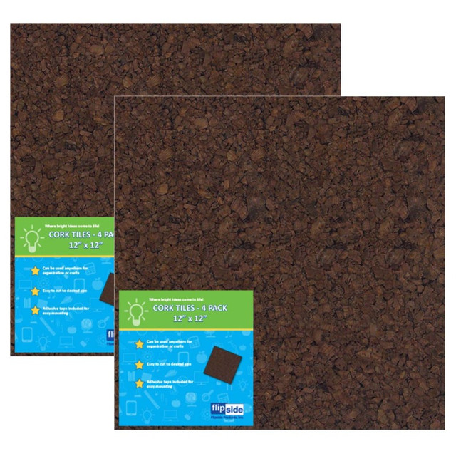 FLIPSIDE Flipside Products Dark Cork Tiles, 12" x 12", 4 Per Pack, 2 Packs