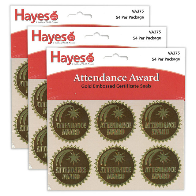 FLIPSIDE Hayes Publishing Gold Foil Embossed Seals, Attendance Award, 54 Per Pack, 3 Packs
