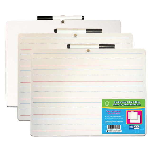 FLIPSIDE Flipside Products Two-Sided Primary Ruled/Blank Dry Erase Board with Attached Marker, 9" x 12", Pack of 3