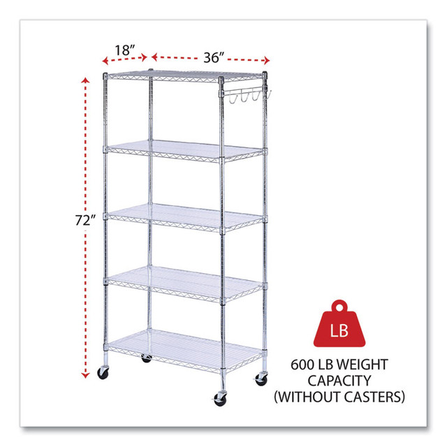 ALERA SW653618SR 5-Shelf Wire Shelving Kit with Casters and Shelf Liners, 36w x 18d x 72h, Silver