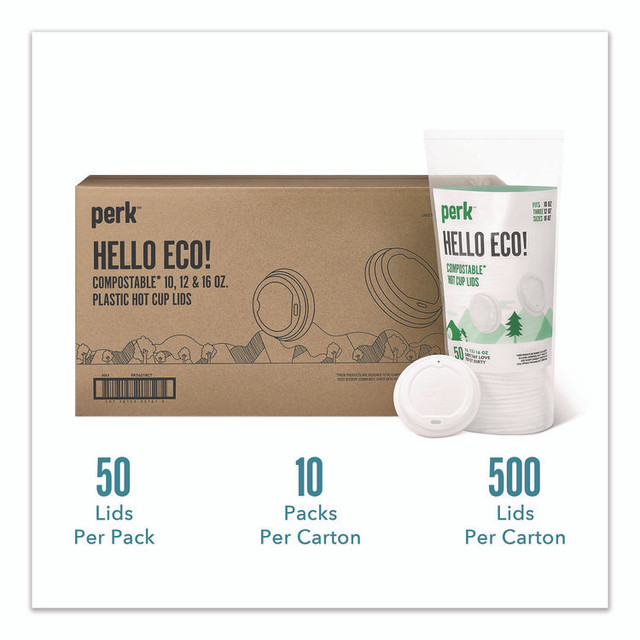 PERK PK56218CT Compostable Plastic Hot Cup Lids, Fits 10 oz to 16 oz Hot Cups, Plastic, White, 500/Carton