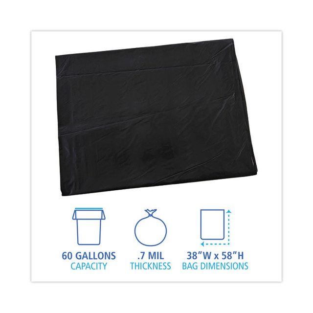 BOARDWALK L3858H Linear Low Density Industrial Can Liners, 60 gal, 0.7 mil, 38" x 58", Black, Flat Pack, 100/Carton